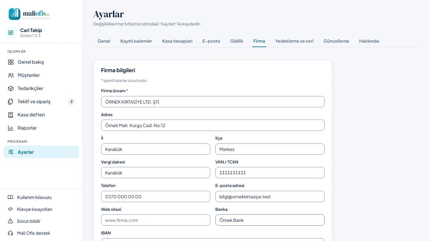 Ayarlar › Firma: firma bilgileri, logo ve antet önizlemesi