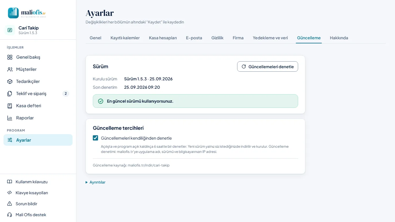 Ayarlar › Güncelleme (masaüstü): sürüm, durum ve Güncellemeleri denetle