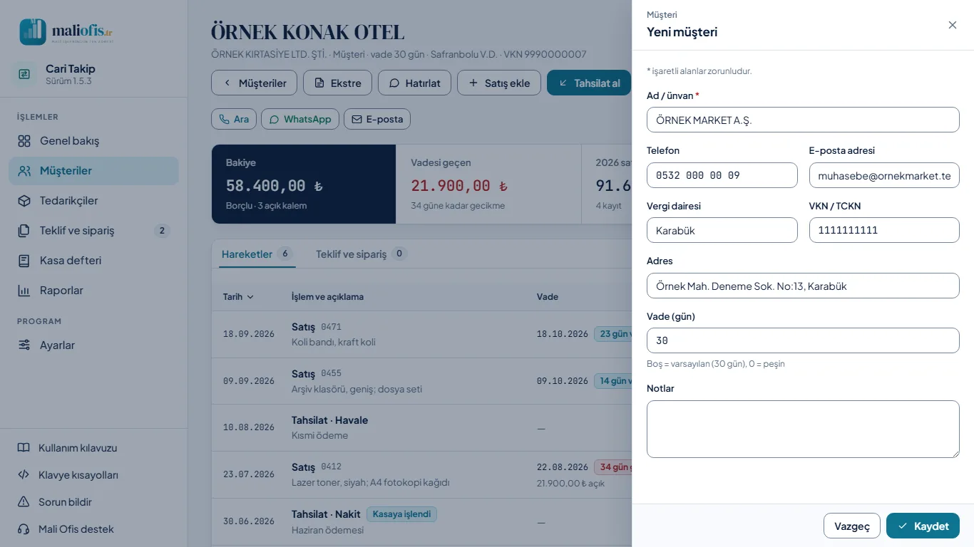 Cari kart: bakiye özeti ve hareketler