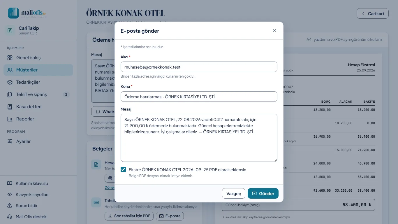 E-posta ile hatırlatma: belge PDF olarak eklenir