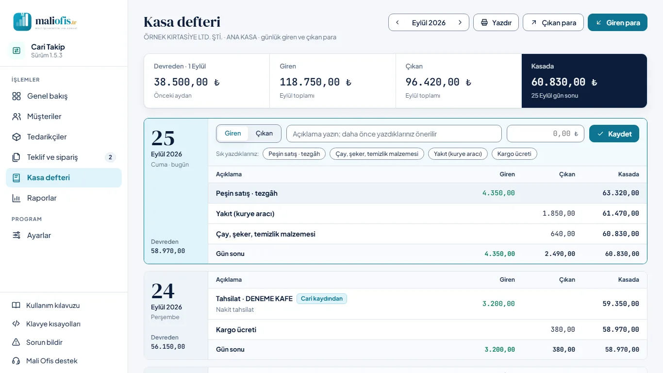 Kasa defteri: ay görünümü ve bugünün kartı