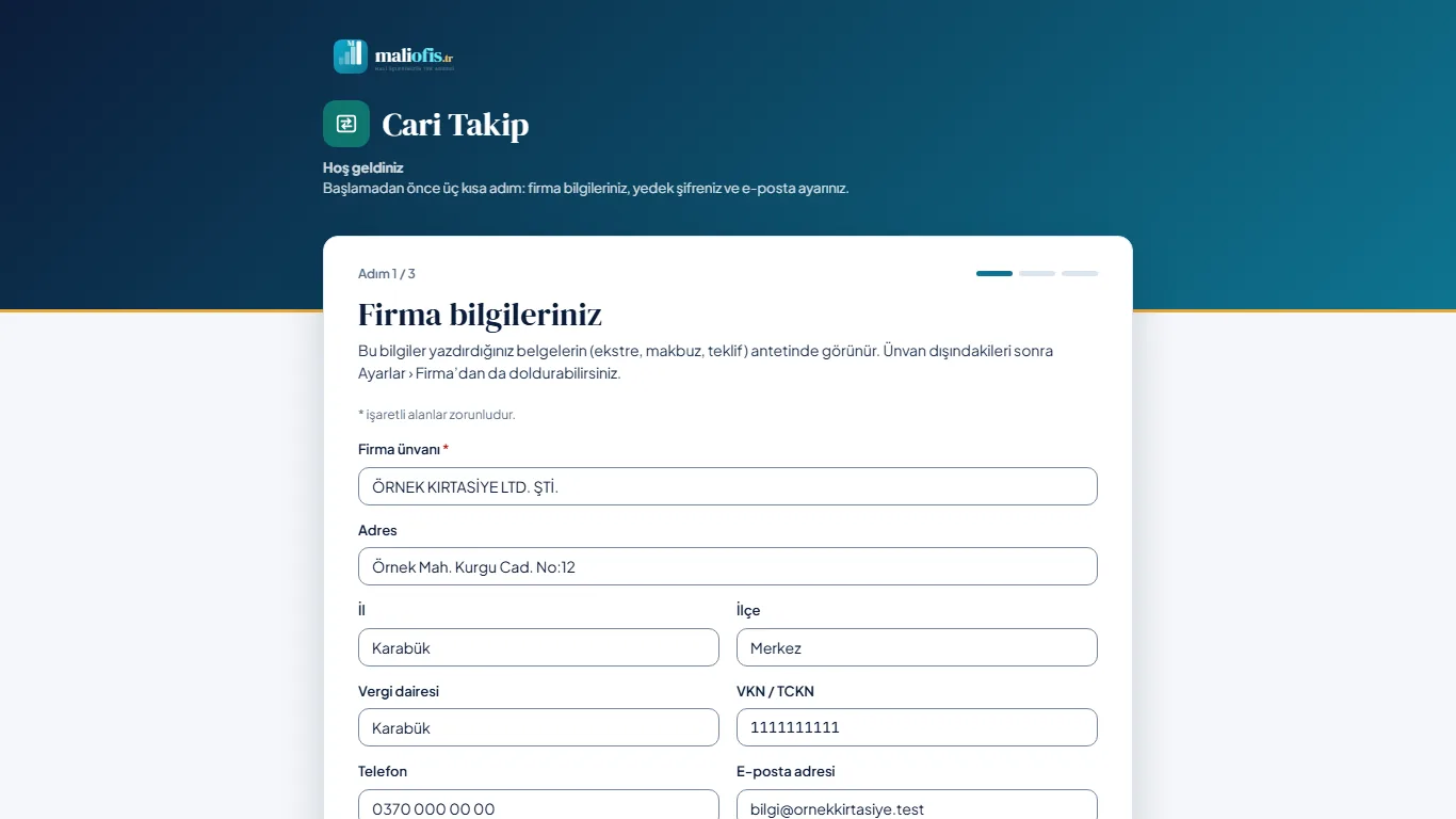 Kurulum sihirbazı, 1. adım: firma bilgileri
