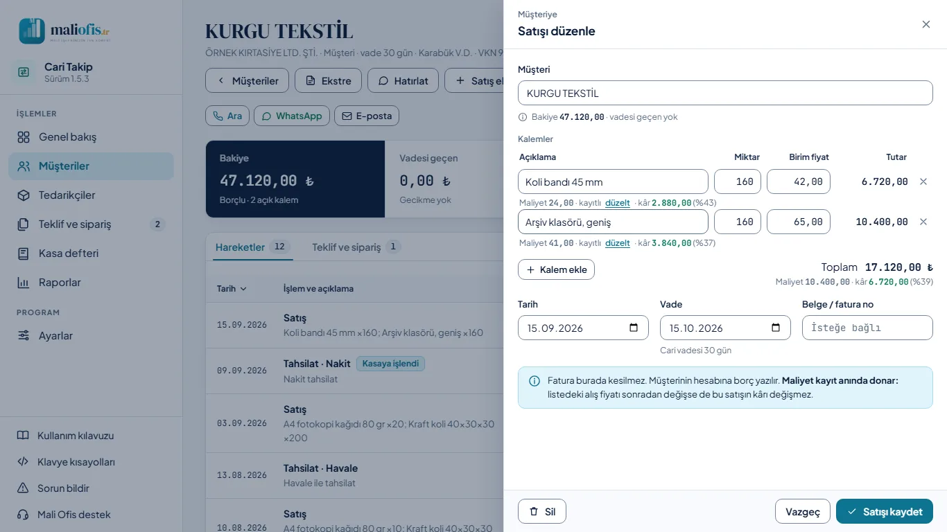 Satışı düzenle: kayıt düzeltilir ya da silinir