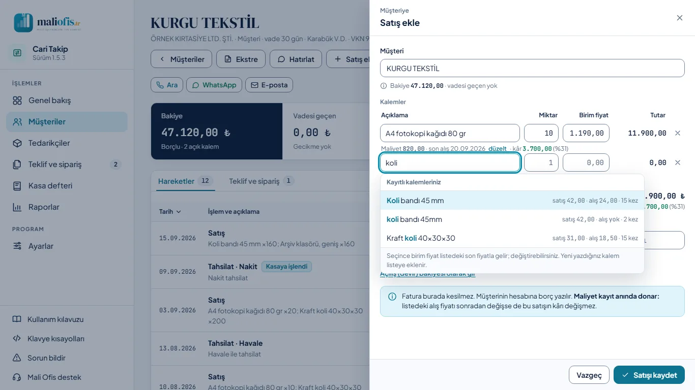 Satış ekle: kayıtlı kalem önerileri