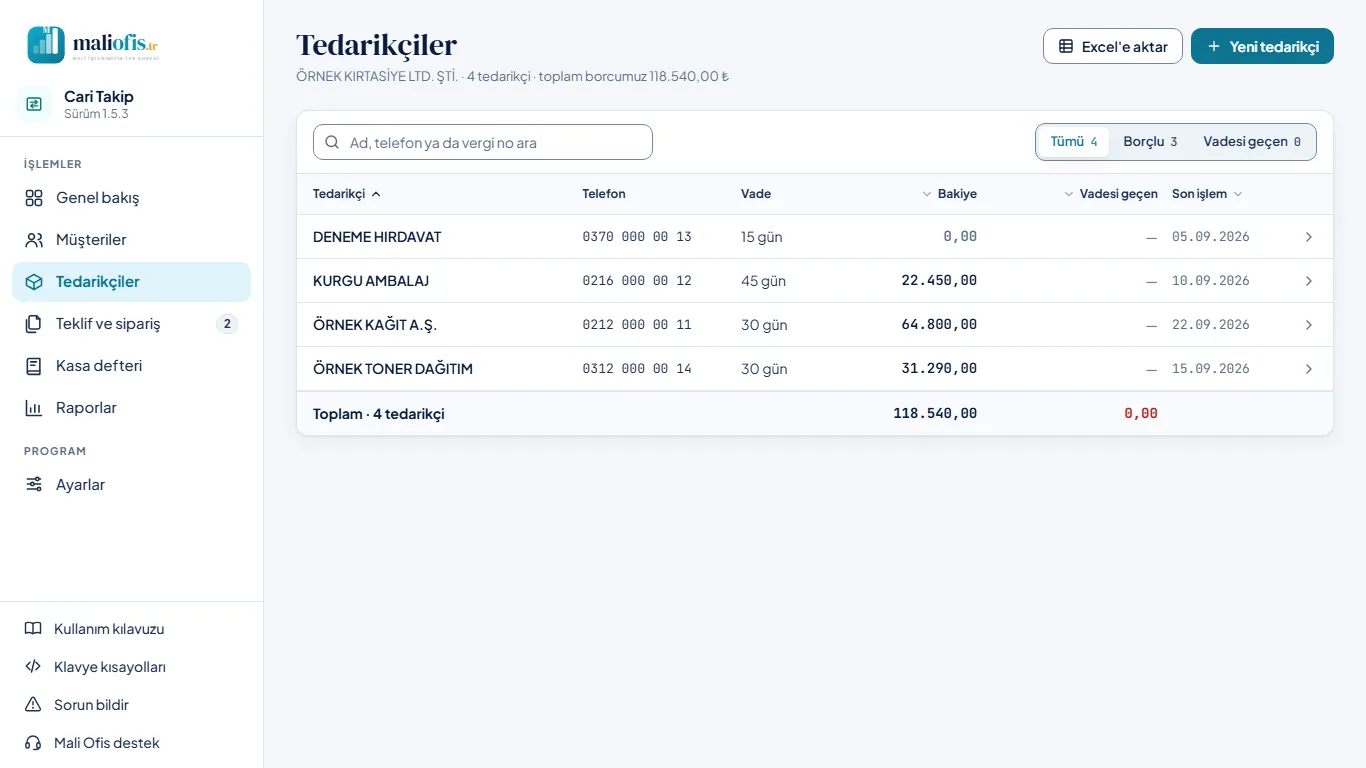 Tedarikçiler listesi