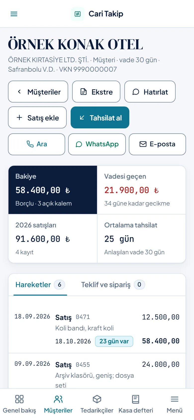 Telefonda cari kart: Ara, WhatsApp, E-posta