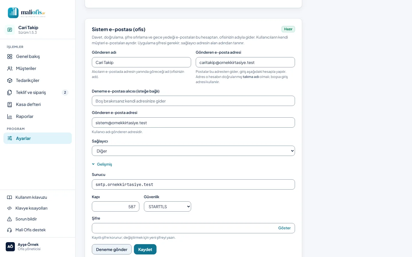 Ayarlar › E-posta: sistem e-postası ve sunucu ayarları (Ofis yöneticisi)
