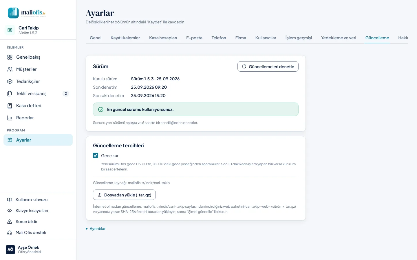 Ayarlar › Güncelleme (web, Ofis yöneticisi)