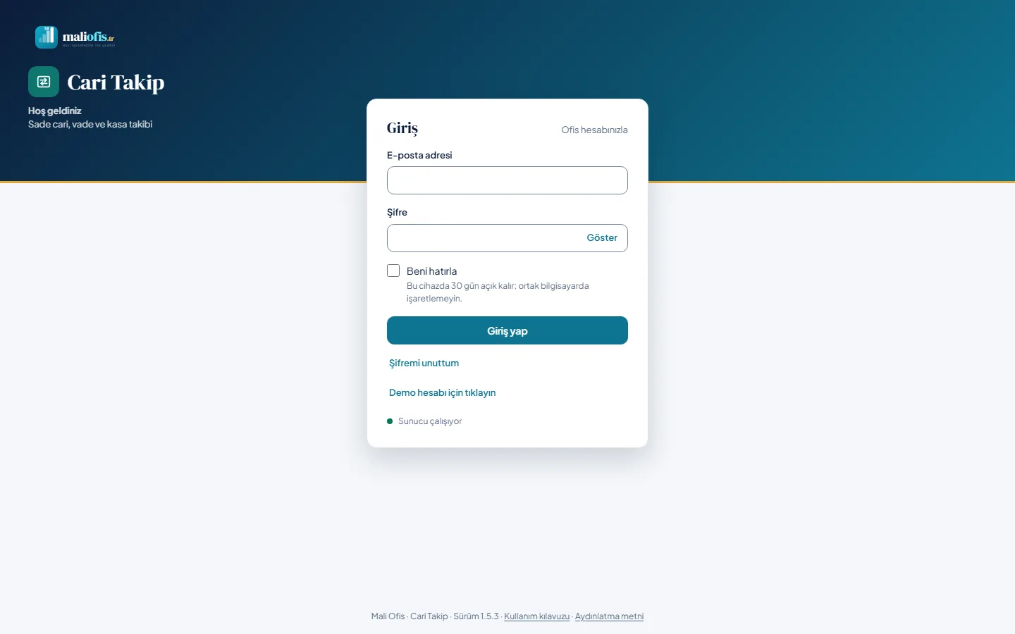 Web sürümünün giriş ekranı