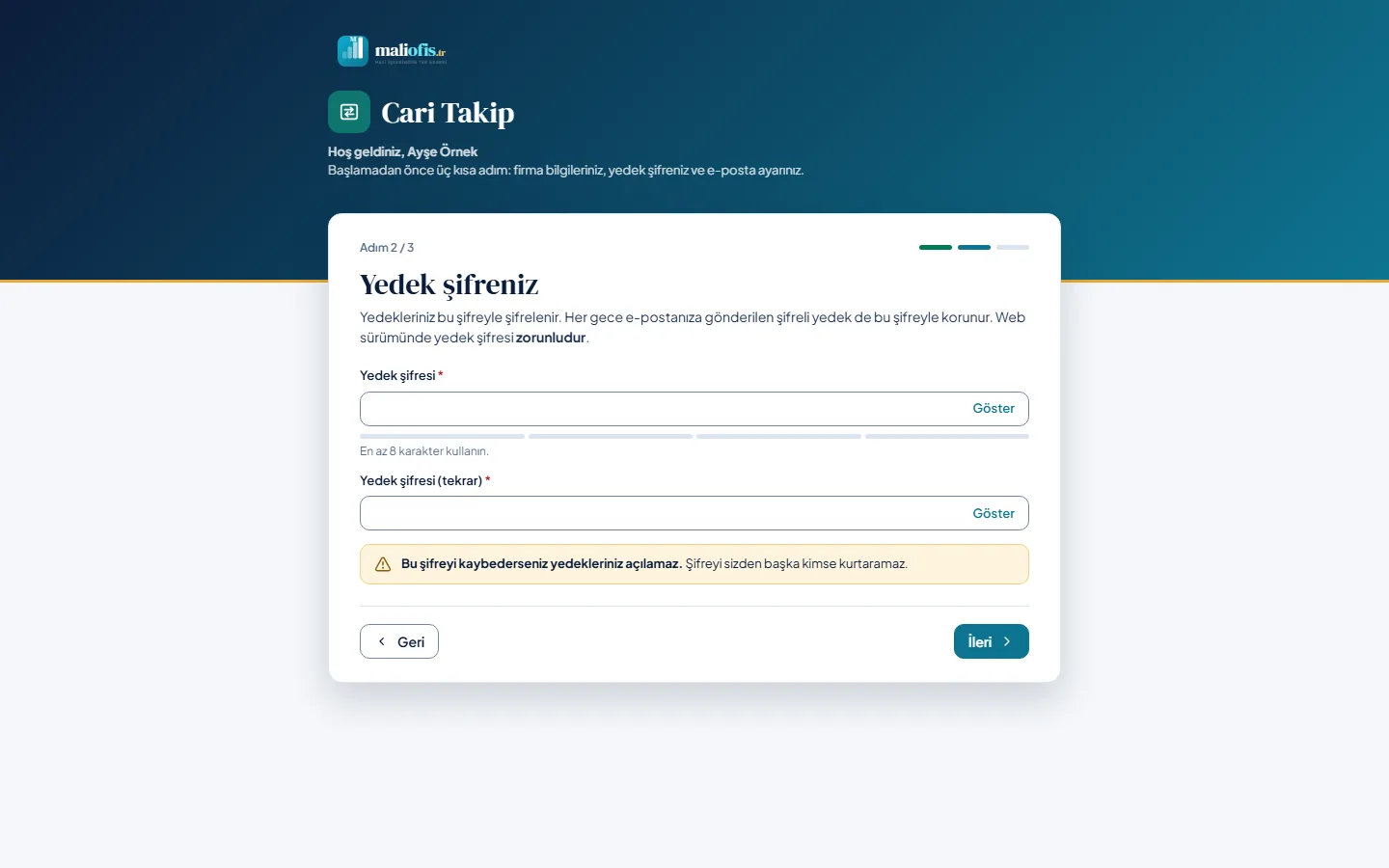 Web sürümünde yedek şifresi zorunludur