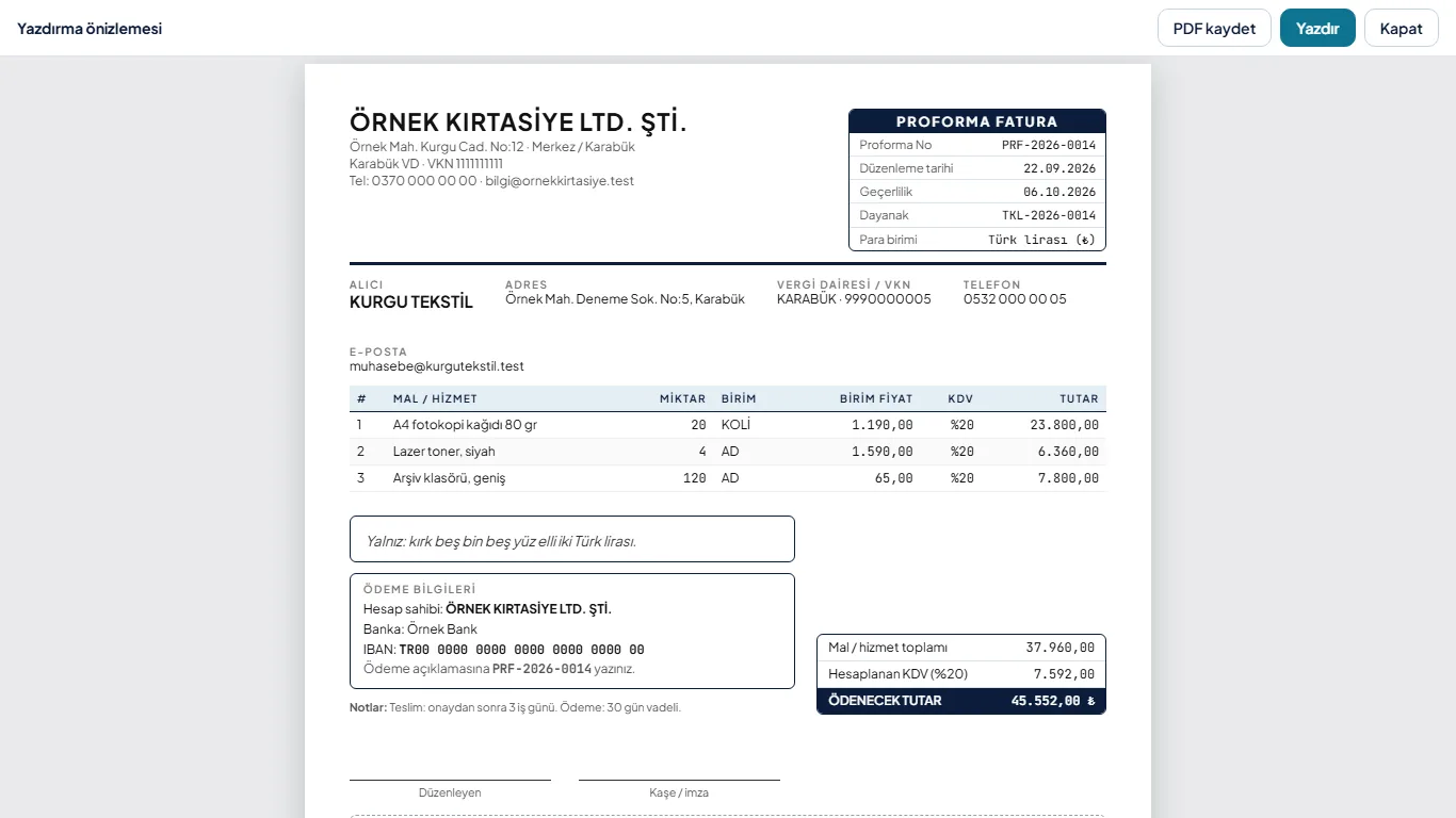 Proforma fatura önizlemesi