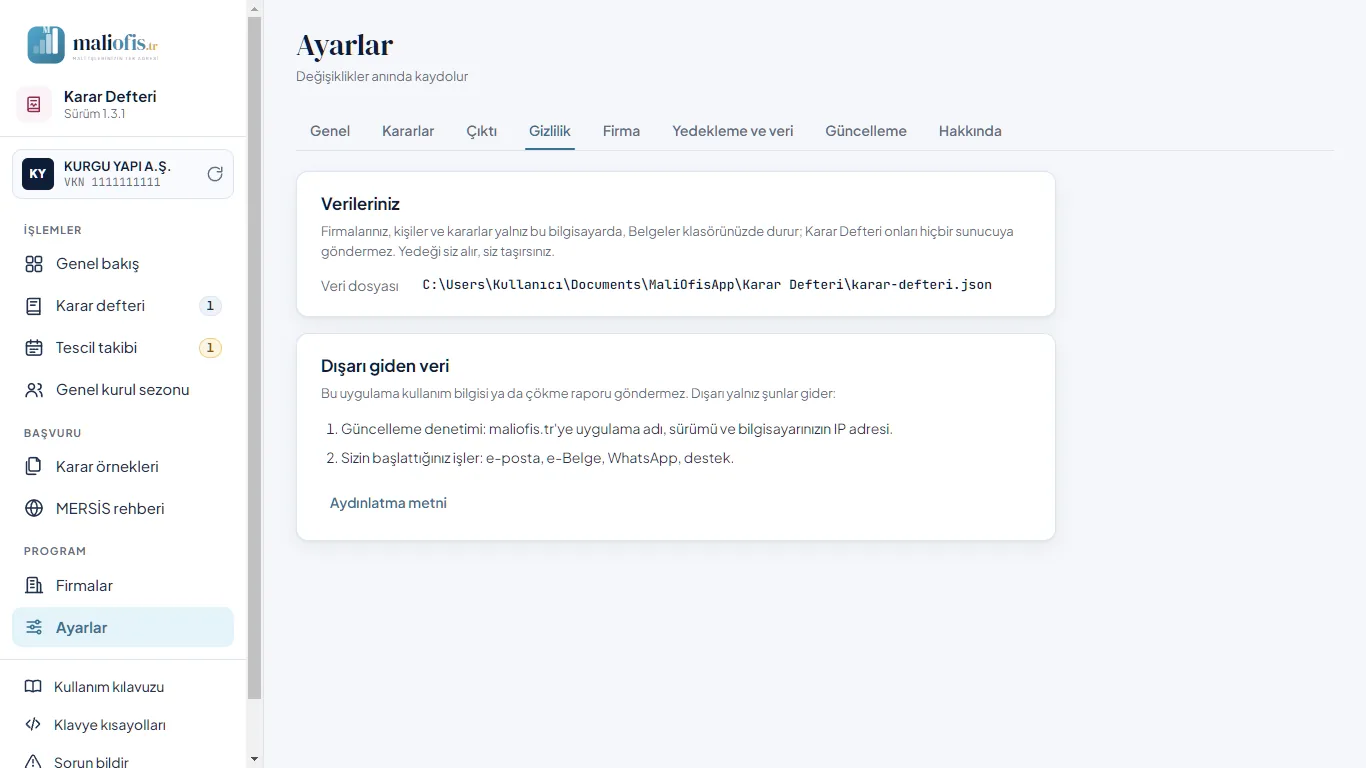 Ayarlar › Gizlilik: verileriniz ve dışarı giden veri