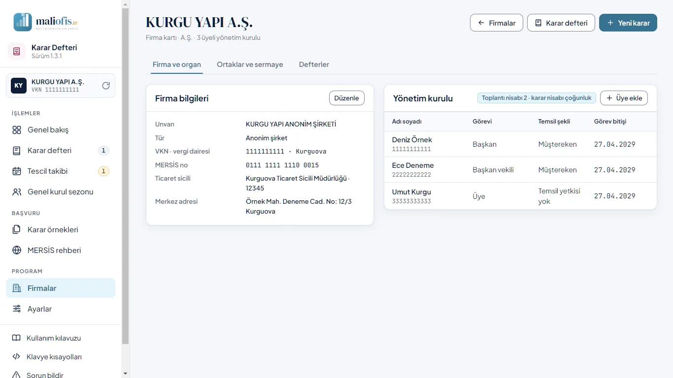 Firma kartı: firma bilgileri ve yönetim kurulu