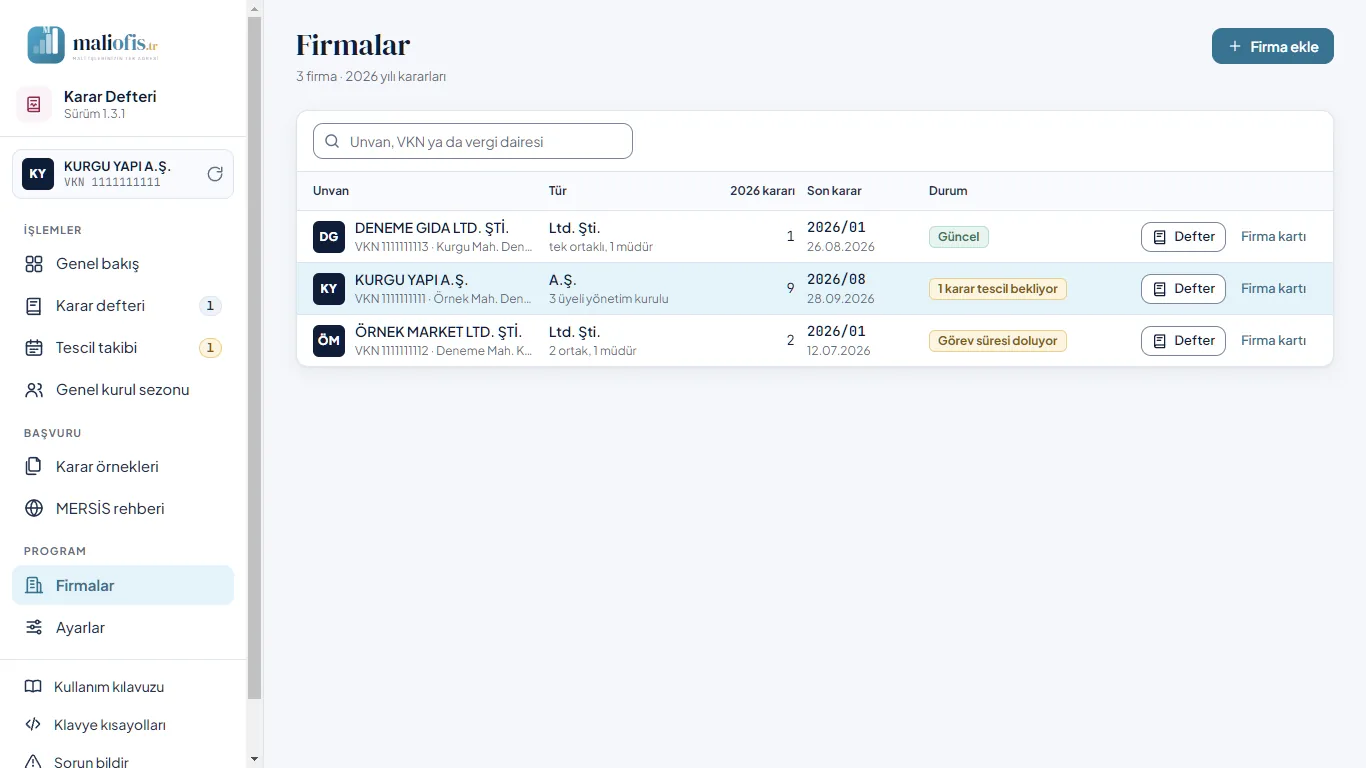 Firmalar: liste, arama ve işlemler