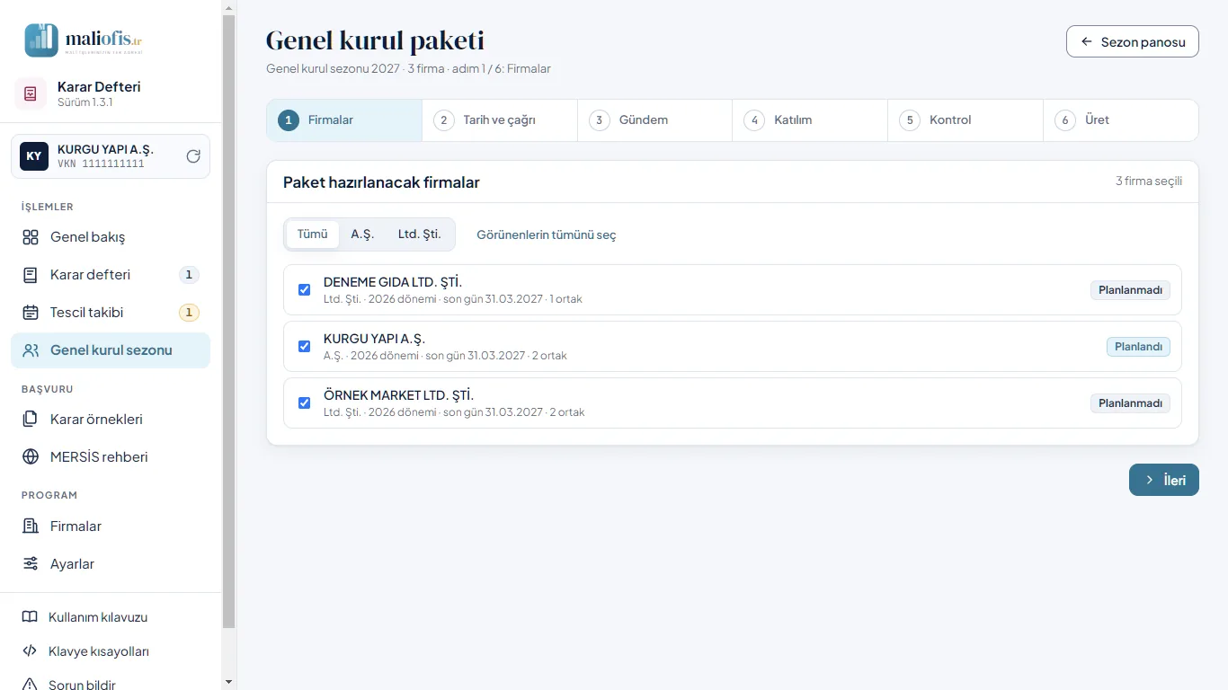 Paket sihirbazı, 1. adım: firmalar