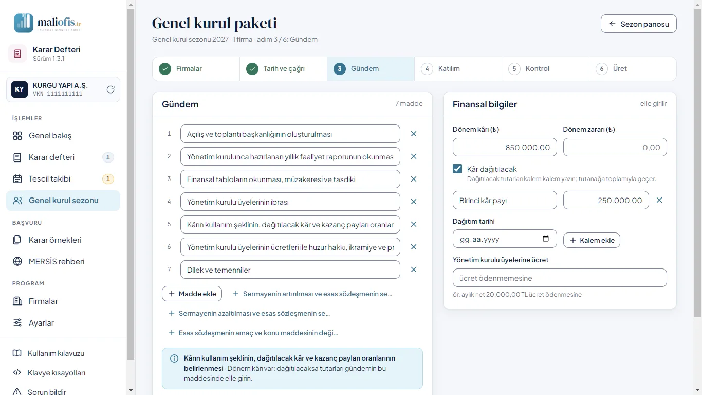 Paket sihirbazı, 3. adım: gündem ve finansal bilgiler
