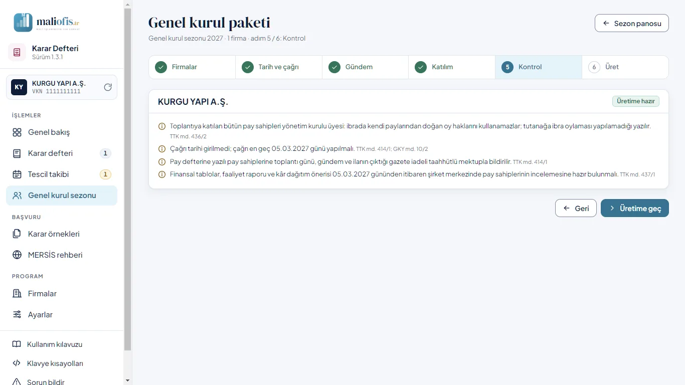 Paket sihirbazı, 5. adım: kontrol