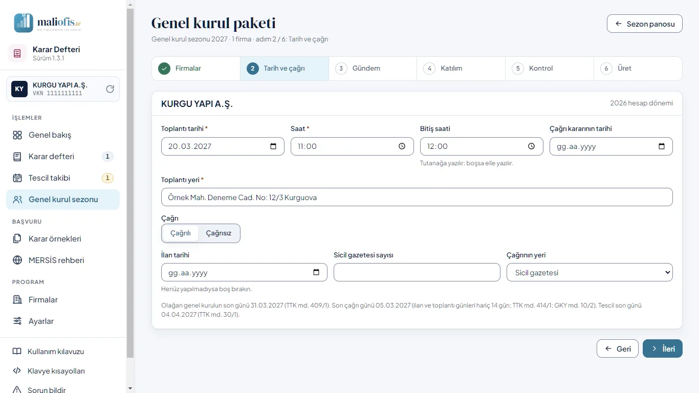 Paket sihirbazı, 2. adım: tarih ve çağrı