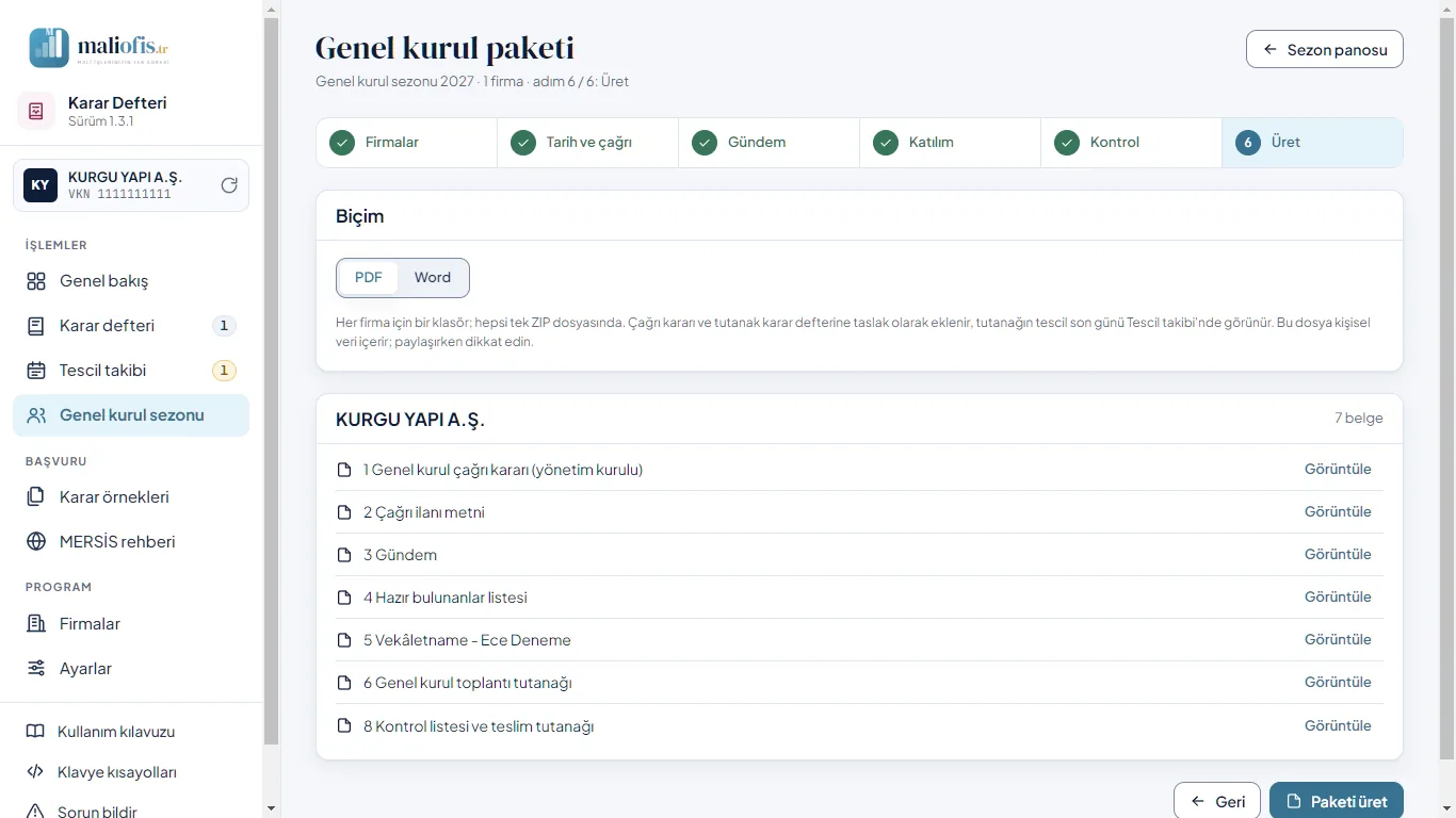 Paket sihirbazı, 6. adım: belgeler ve biçim