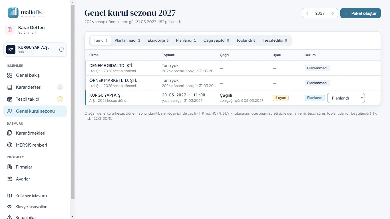 Genel kurul sezonu: durum süzgeçleri, firmalar, toplantı, çağrı, uyarı ve durum