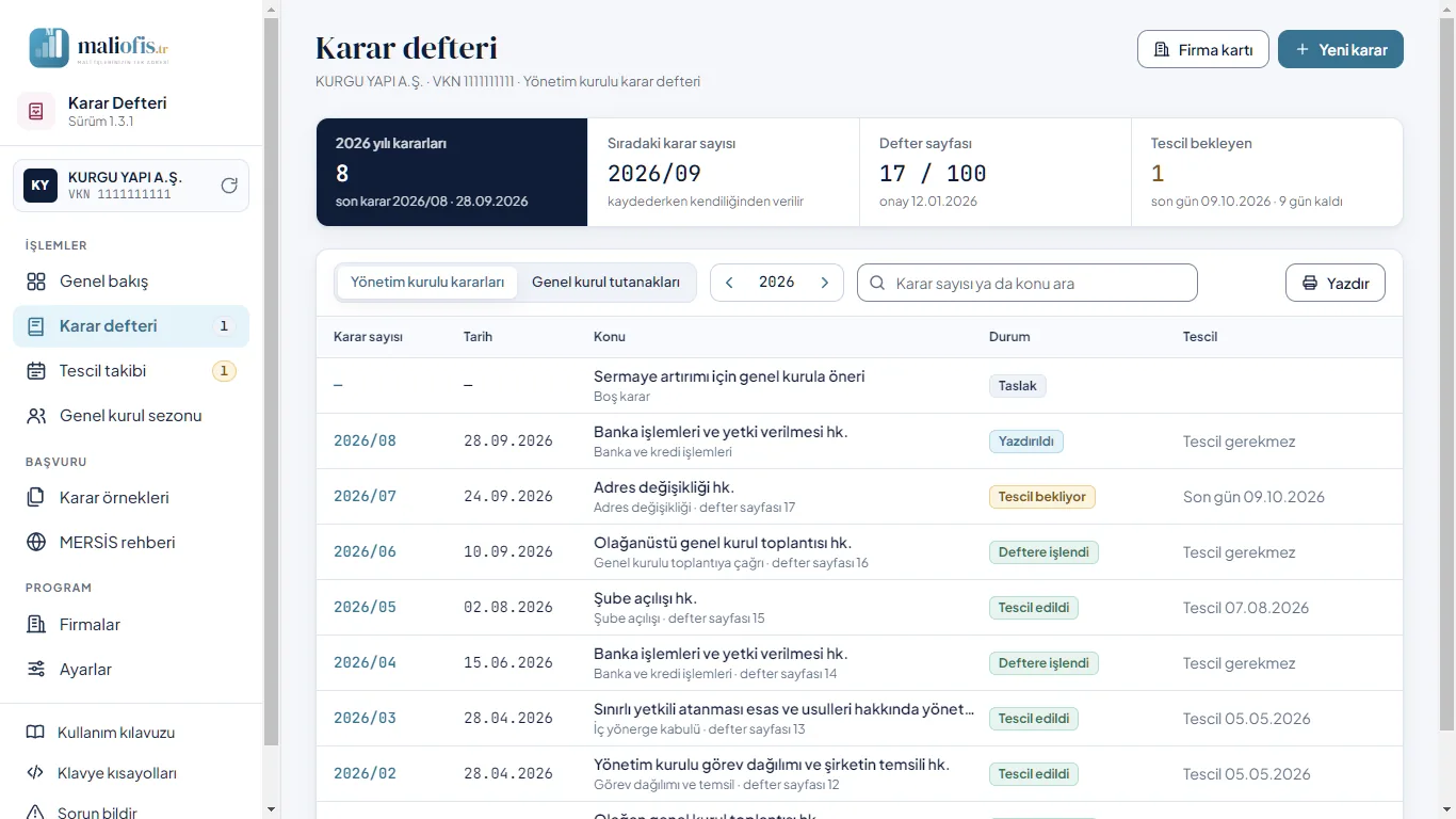 Karar defteri: özet, organ sekmeleri, yıl ve karar listesi