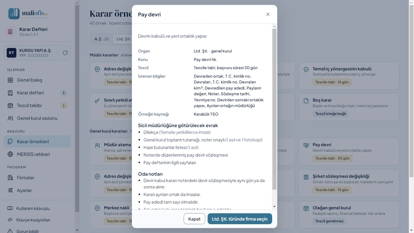 Karar örneği ayrıntısı: pay devri