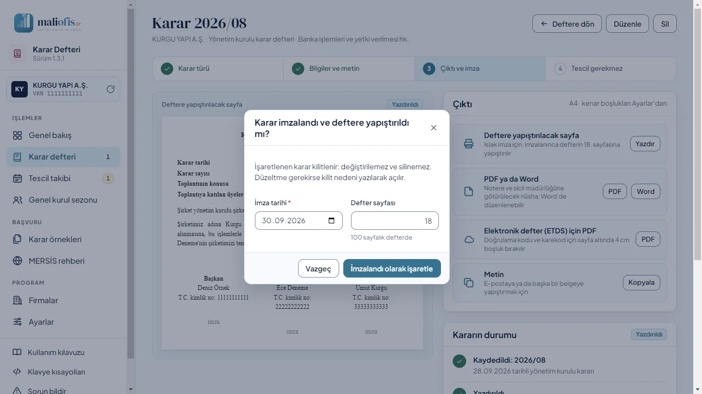 İmzalandı penceresi: imza tarihi ve defter sayfası