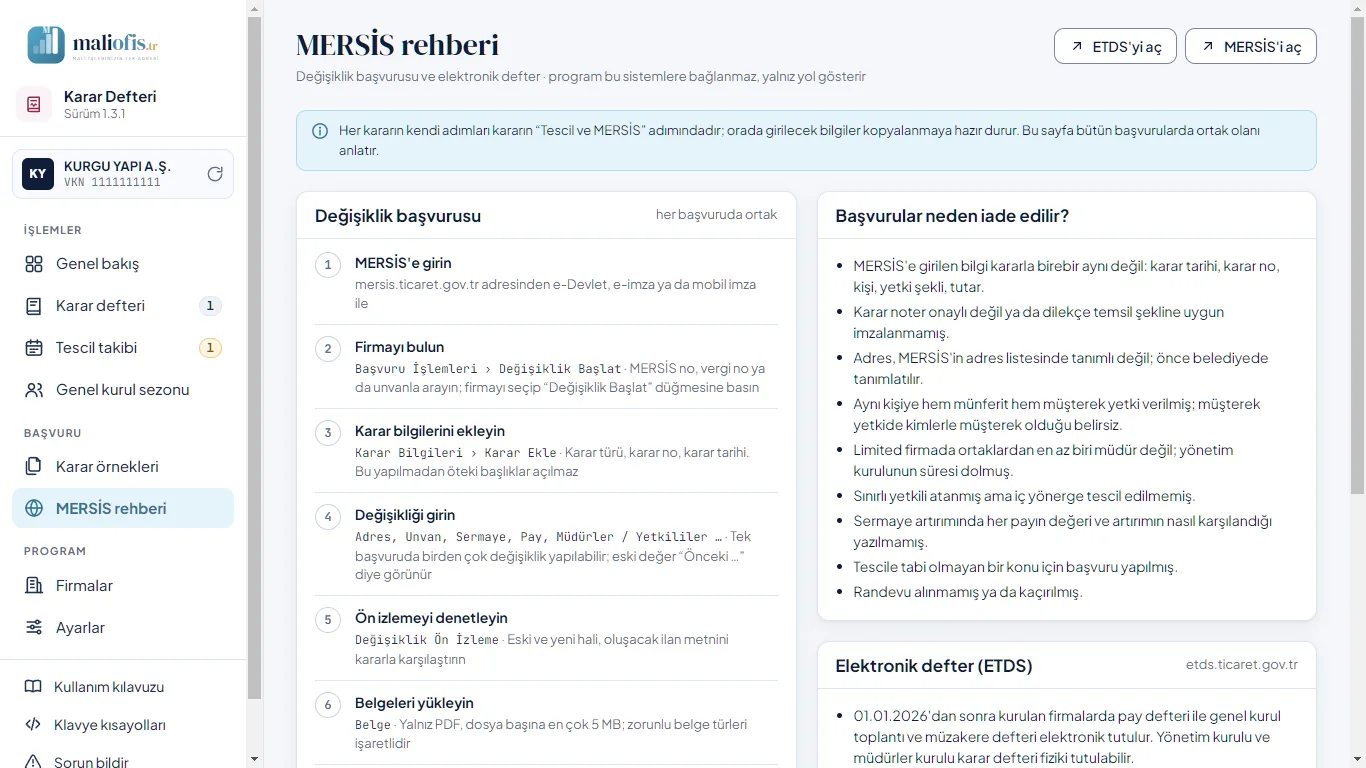 MERSİS rehberi: değişiklik başvurusu, iade nedenleri ve elektronik defter
