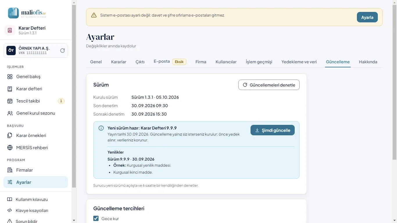 Web: Ayarlar › Güncelleme