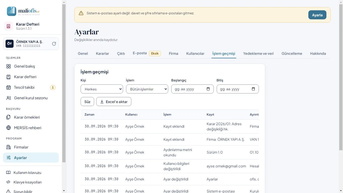 Web: Ayarlar › İşlem geçmişi