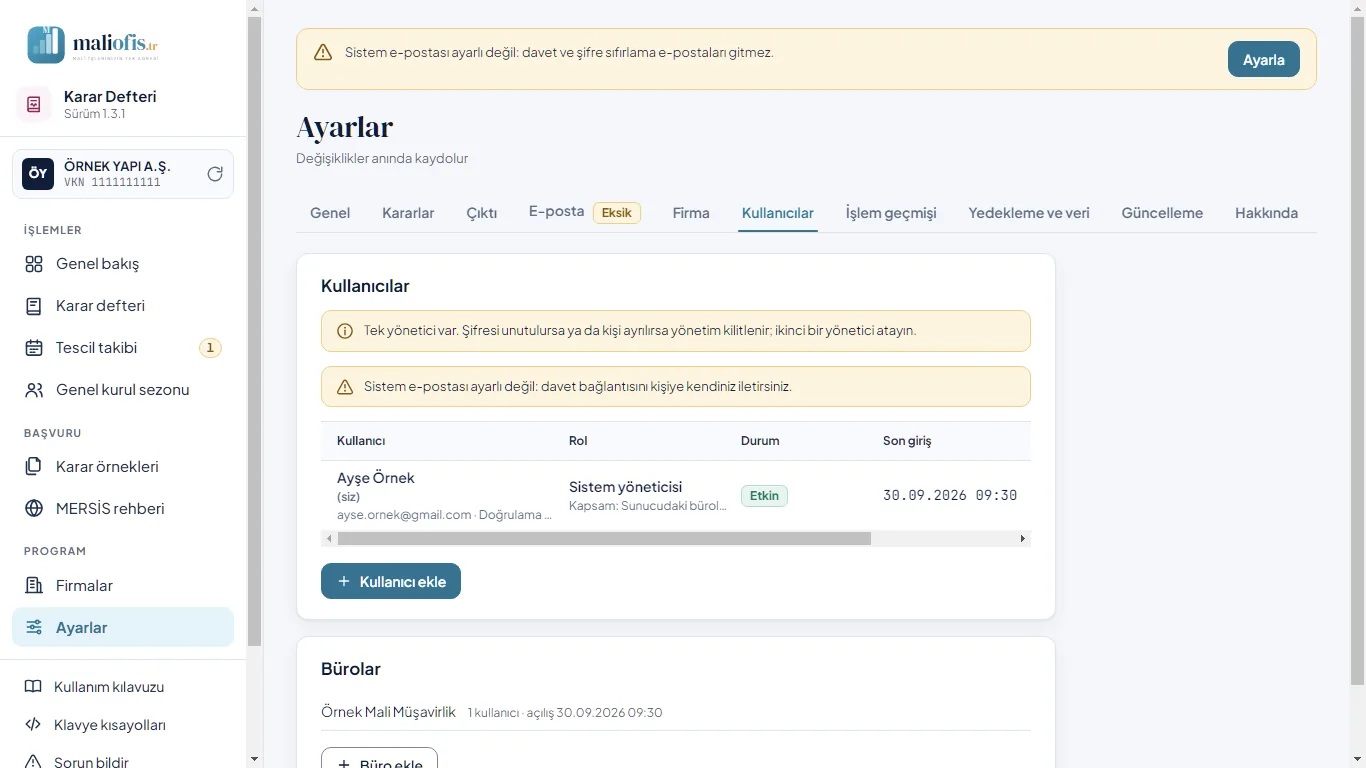 Web: Ayarlar › Kullanıcılar