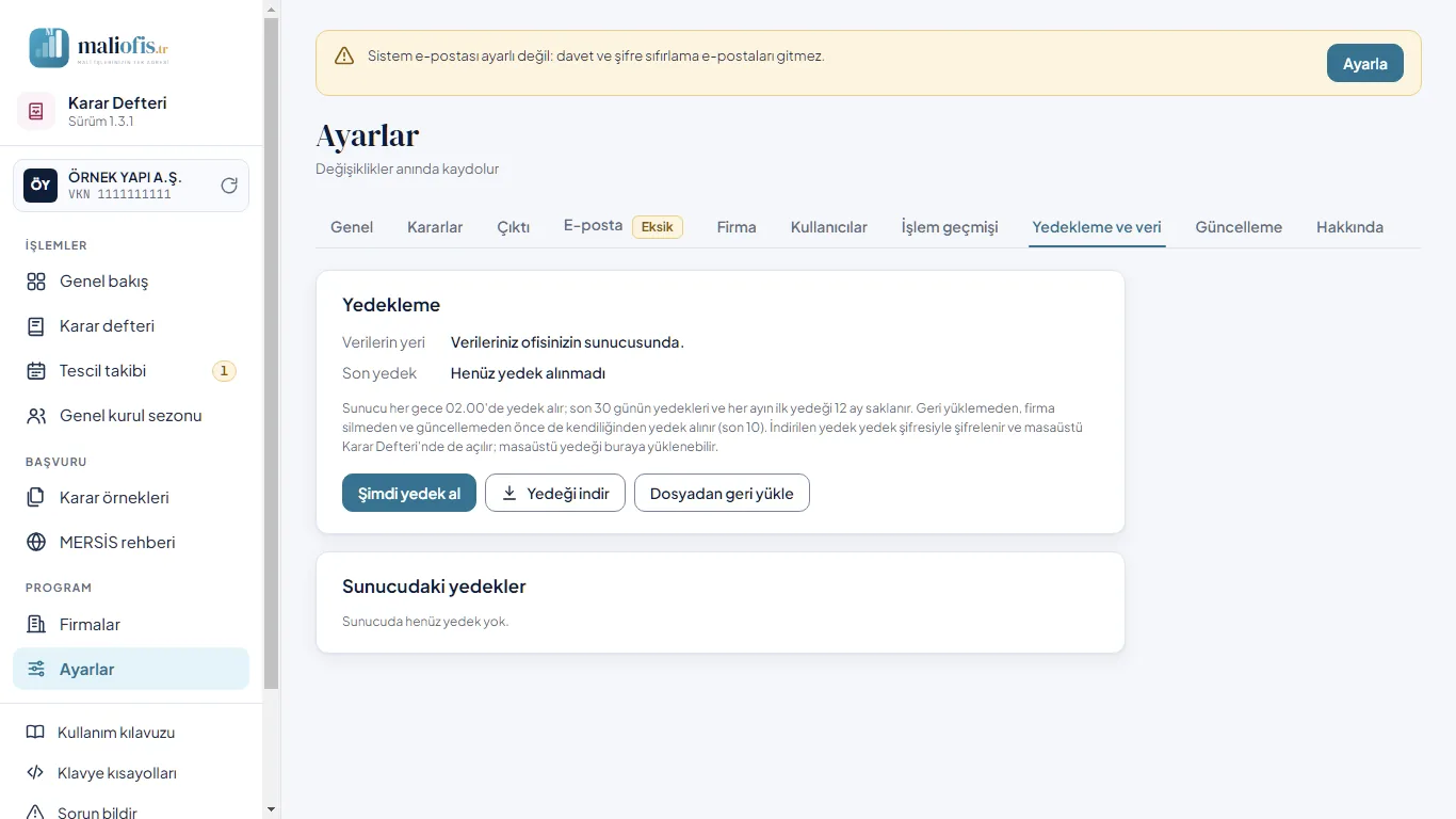 Web: Ayarlar › Yedekleme ve veri