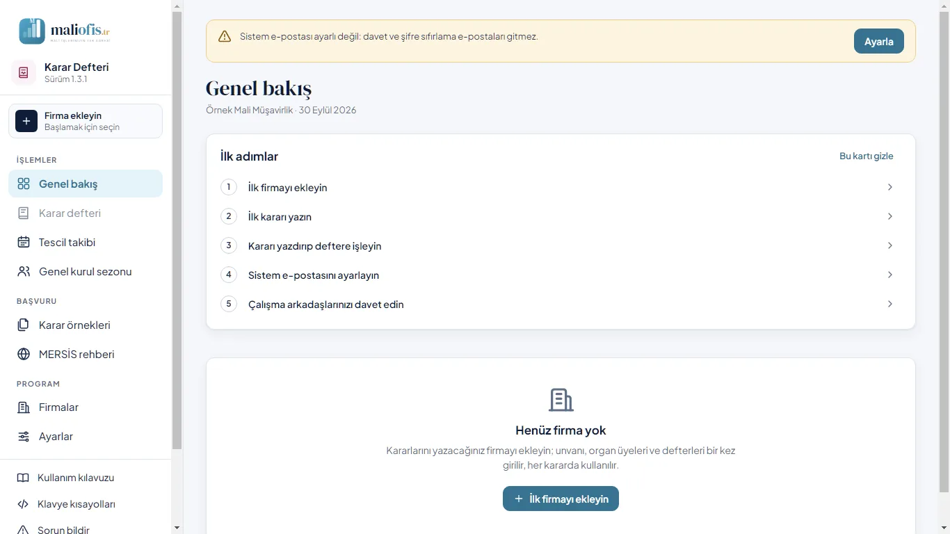 Web: Genel bakış, İlk adımlar kartı ve sistem e-postası şeridi