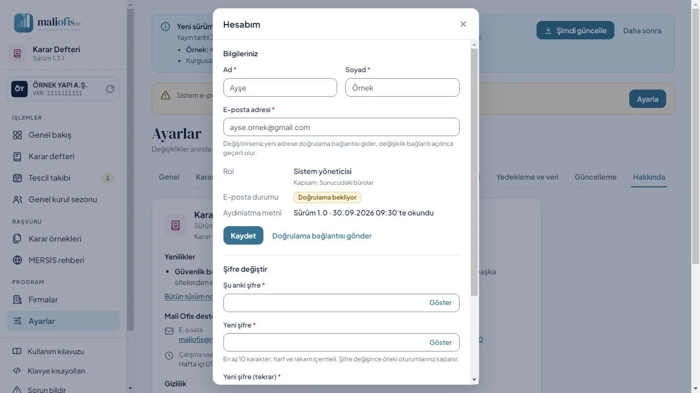 Web: Hesabım penceresi