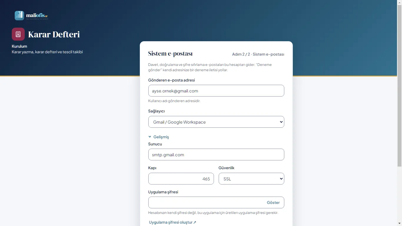 Web: İlk kurulum, 2. adım: sistem e-postası