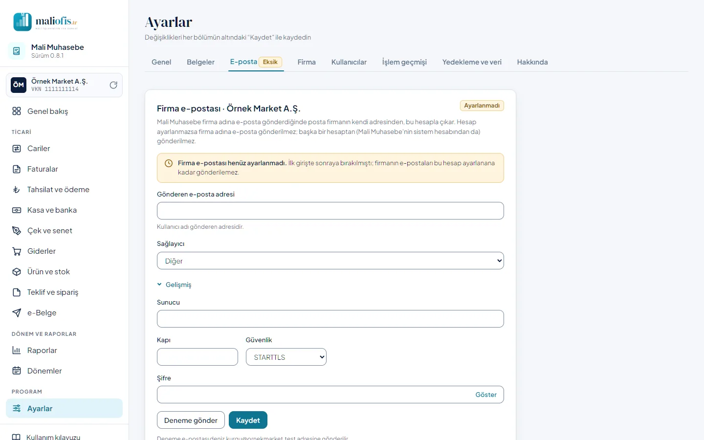 Ayarlar › E-posta: firma e-postası (SMTP)
