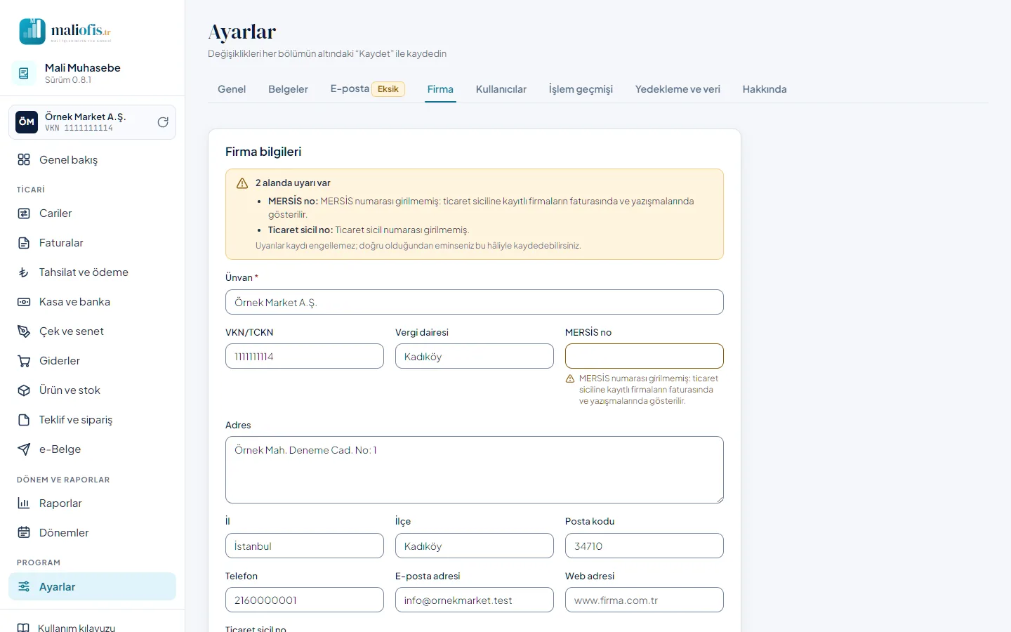 Ayarlar › Firma: firma bilgileri ve uyarılar