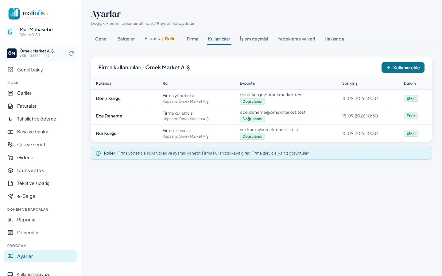 Ayarlar › Kullanıcılar: firma kullanıcıları