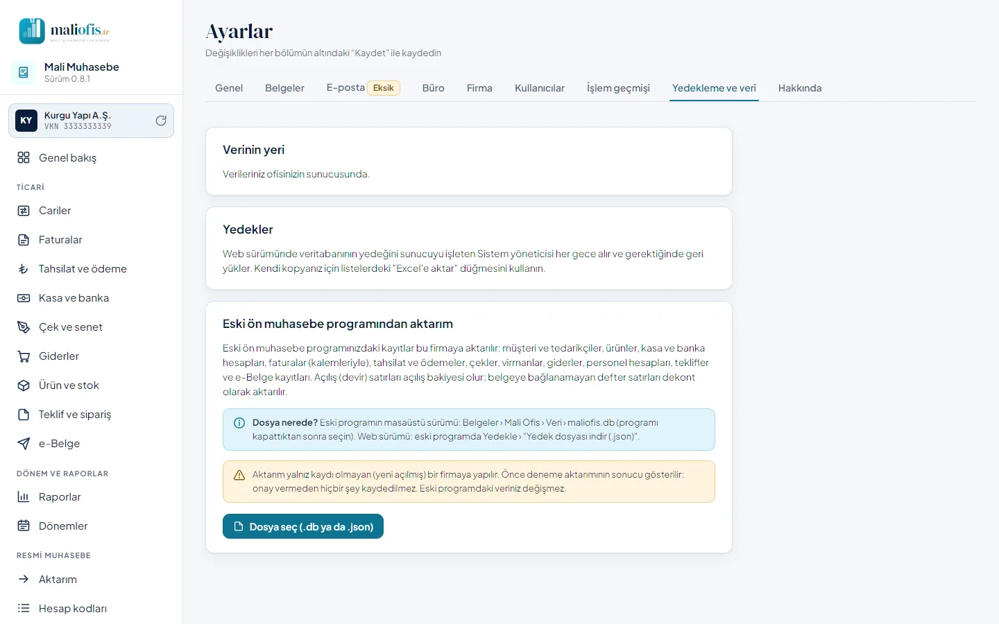 Ayarlar › Yedekleme ve veri: eski programdan aktarım için dosya seçimi