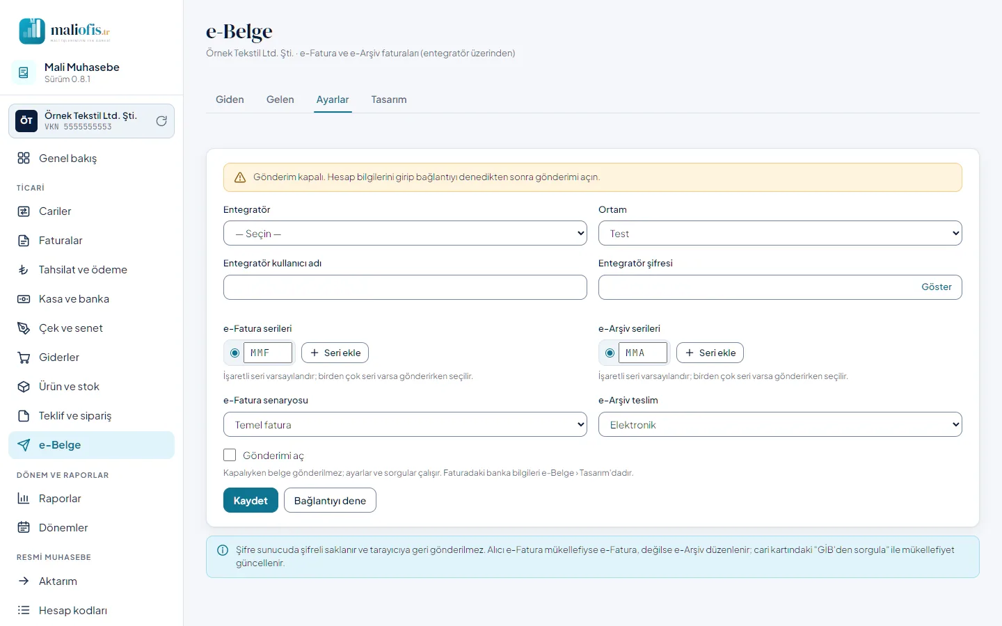e-Belge: entegratör ayarları, gönderim kapalı