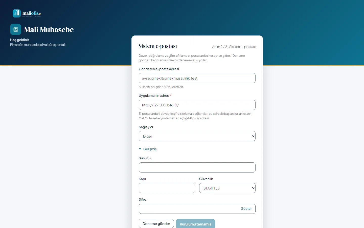 Kurulum ekranı, 2. adım: sistem e-postası