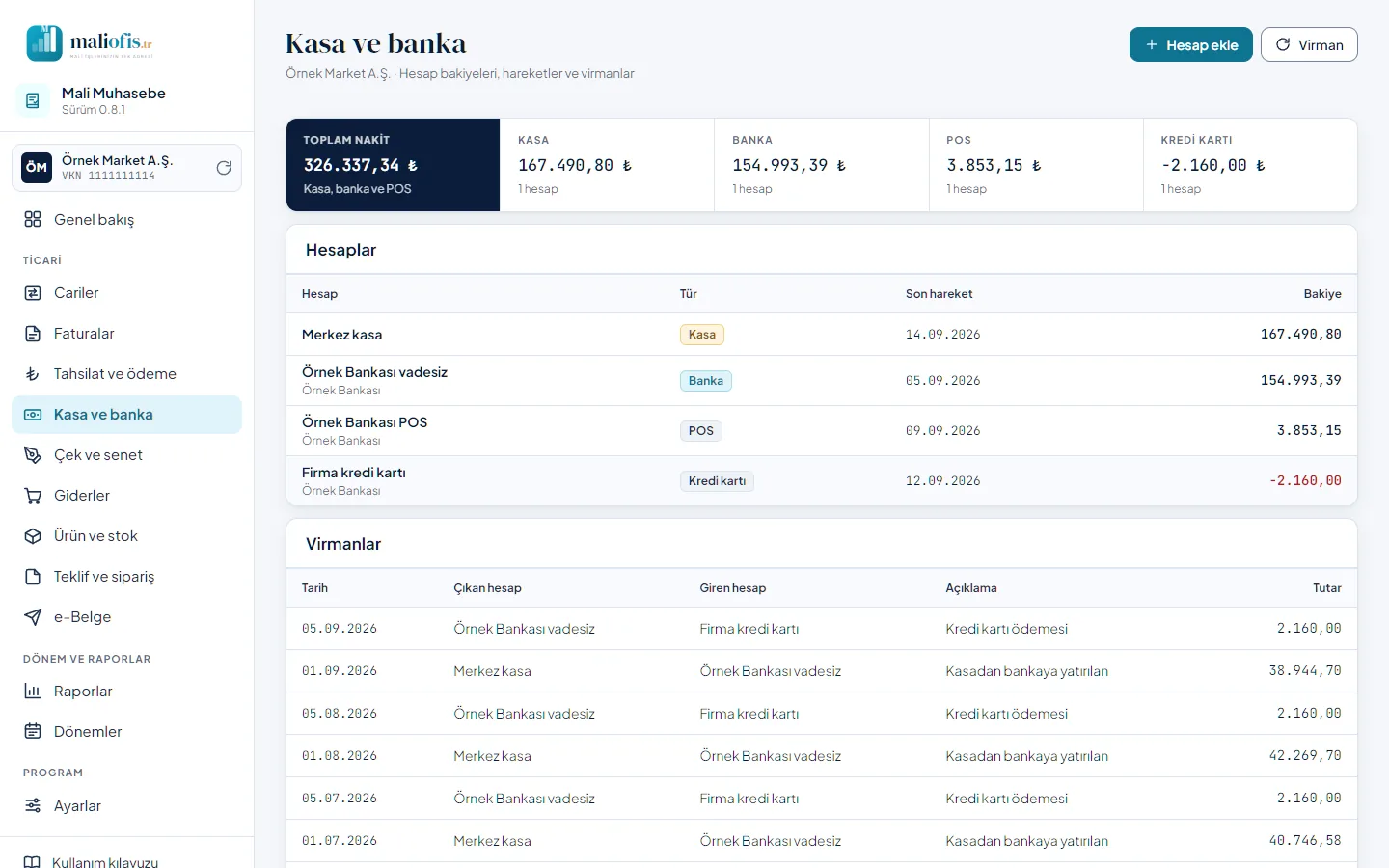 Kasa ve banka: hesaplar ve virmanlar