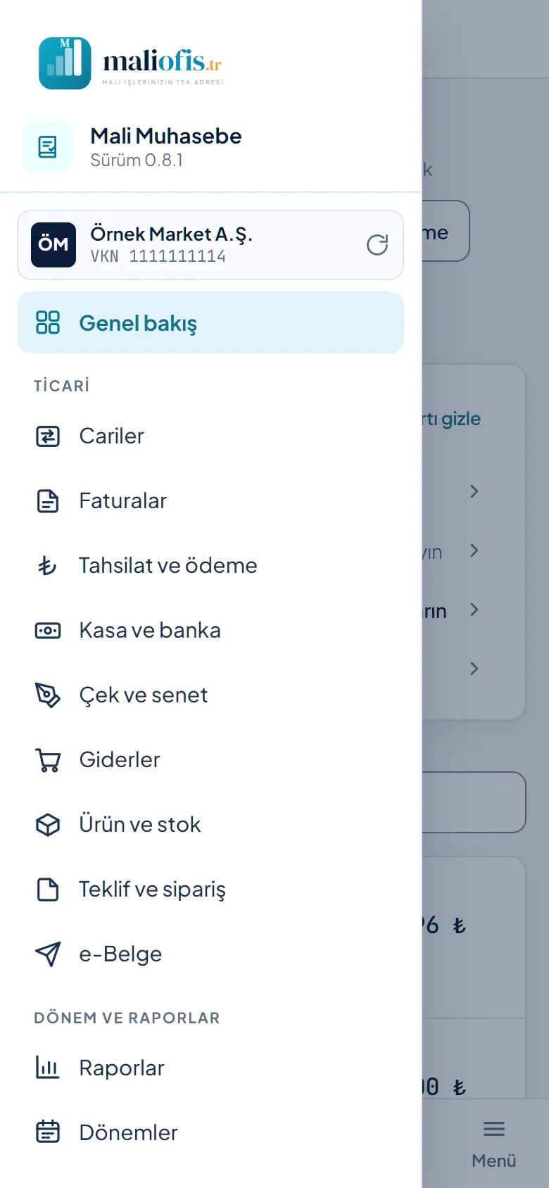 Telefonda açılan menü