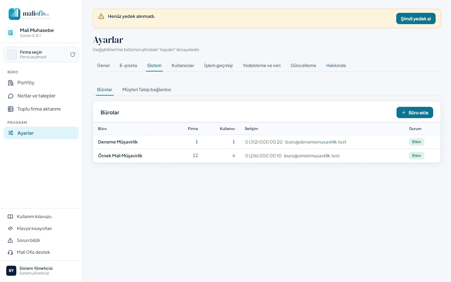 Ayarlar › Sistem: bürolar