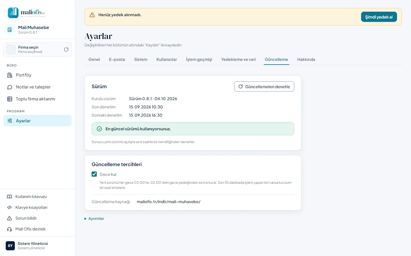 Ayarlar › Güncelleme (web)
