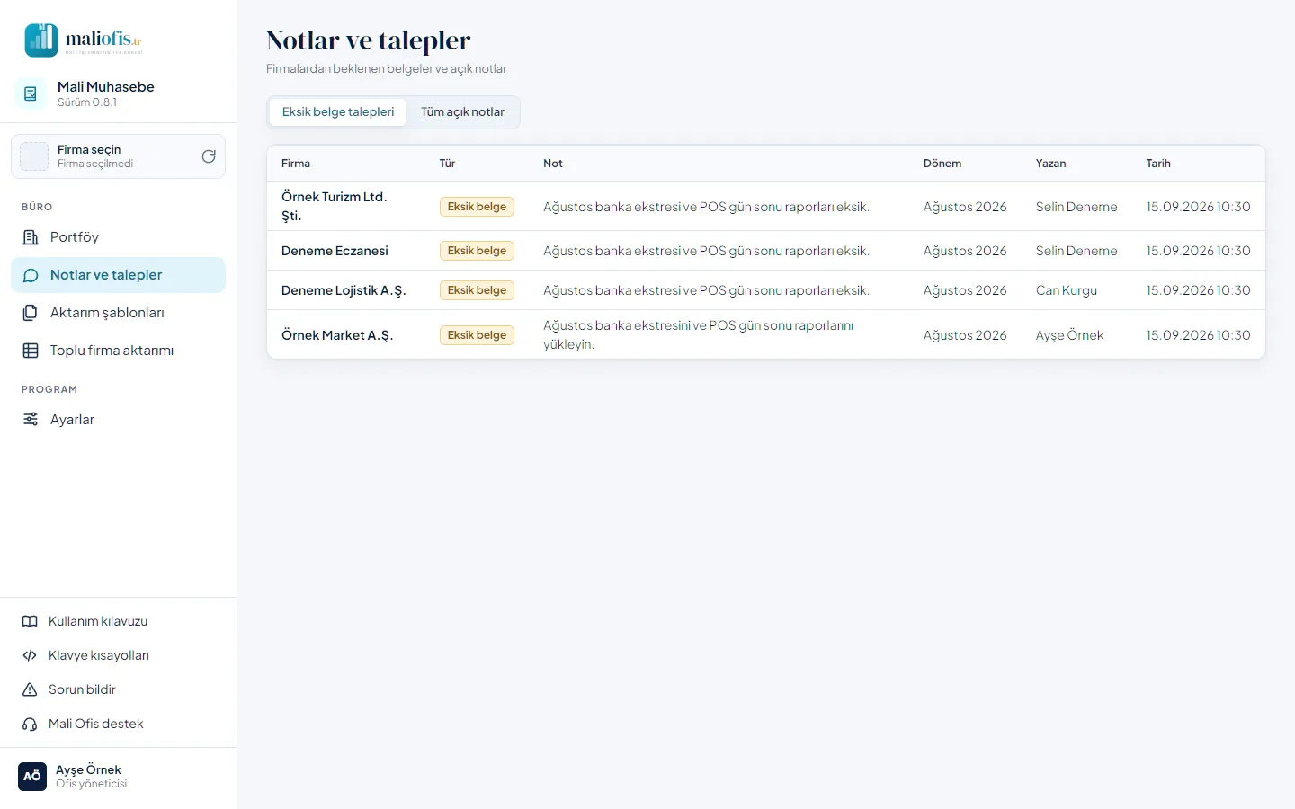 Notlar ve talepler