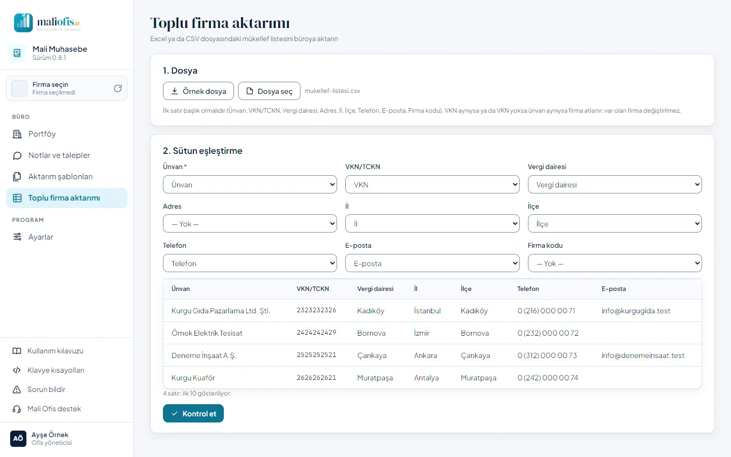 Toplu firma aktarımı: sütun eşleştirme
