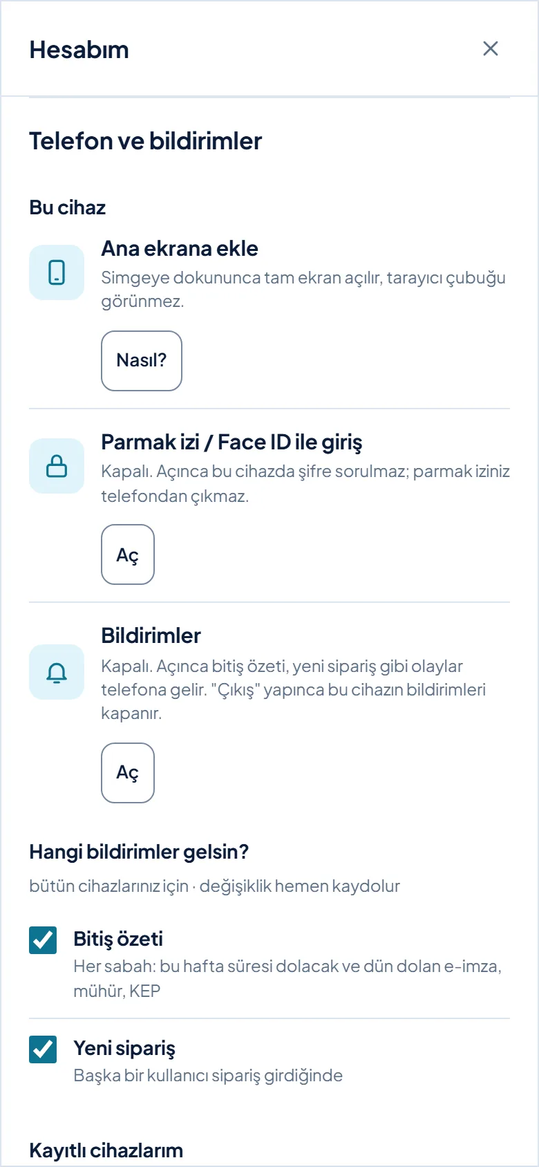 Hesabım › Telefon ve bildirimler