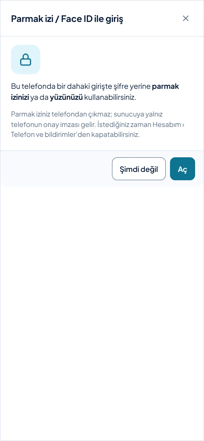 Şifreyle girişten sonra parmak izi önerisi
