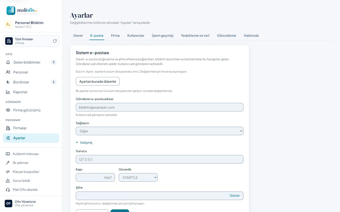 Ayarlar › E-posta: sistem e-postası formu